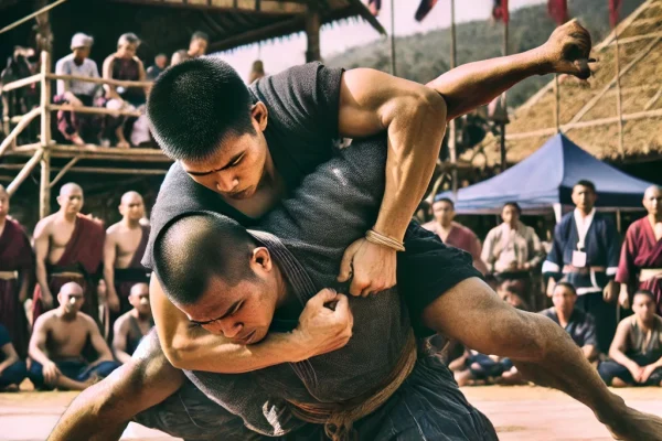 DALL·E 2025-03-13 23.04.58 - A traditional Dumog martial arts match in progress, featuring two fighters engaged in close-combat grappling techniques. The athletes are using levera