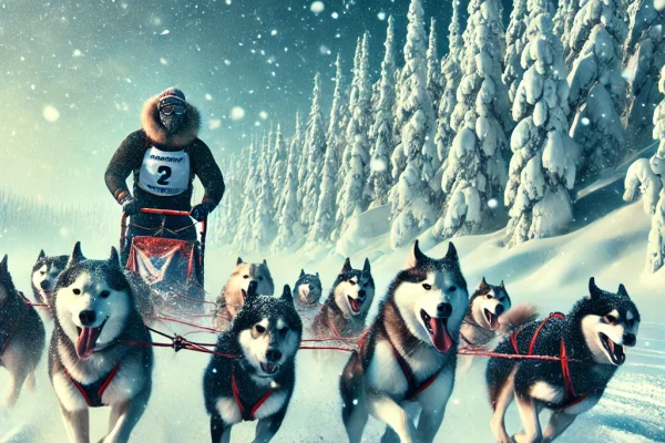 DALL·E 2025-03-13 23.05.59 - A thrilling Dogsled race in progress, featuring a musher guiding a team of strong huskies through a snowy landscape. The sled dogs are running at full