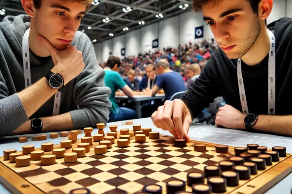 DALL·E 2025-03-13 23.20.36 - A competitive checkers (Damas) match in progress, featuring two players focused on the board. The board contains only round wooden checkers pieces, si