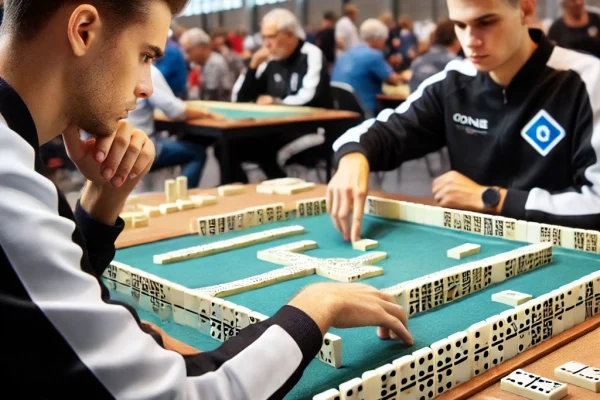 DALL·E 2025-03-13 23.22.54 - A competitive domino match in progress, featuring two players focused on the game. The domino pieces are neatly arranged in a strategic formation on a