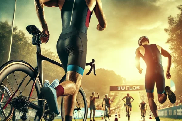 DALL·E 2025-03-13 23.23.49 - A high-energy Duathlon race in progress, featuring athletes transitioning between running and cycling. A competitor is seen running towards the transi