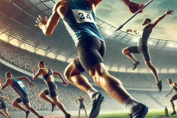 DALL·E 2025-03-13 23.24.56 - A high-energy Decathlon competition in progress, featuring multiple athletes competing in different track and field events. In the foreground, a sprin