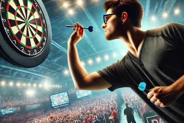 DALL·E 2025-03-13 23.25.51 - A professional darts competition in progress, featuring an athlete aiming precisely at a dartboard. The player is in mid-throw, with full concentratio