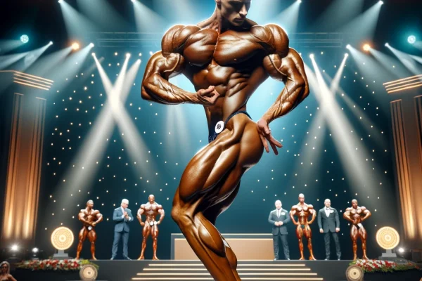 DALL·E 2025-03-13 23.40.26 - A professional bodybuilding competition in progress, featuring a muscular athlete on stage striking a classic bodybuilding pose. The competitor has we