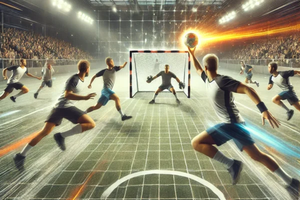 DALL·E 2025-03-13 23.42.51 - A high-energy Flickerball game in progress, featuring athletes passing and shooting a ball towards a goal on a rectangular field. The players are enga