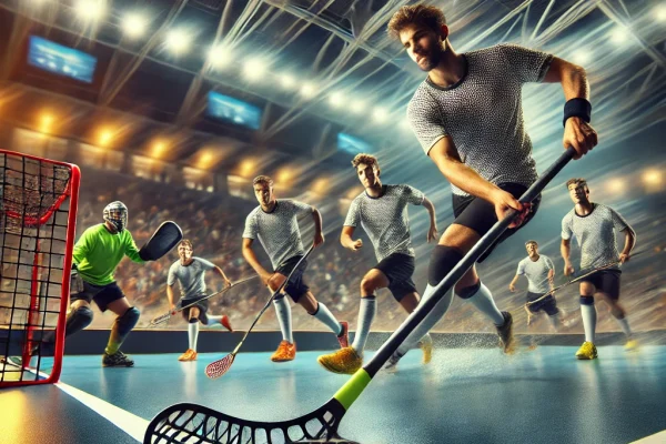 DALL·E 2025-03-13 23.44.24 - A fast-paced Floorball game in progress, featuring athletes on an indoor court using lightweight sticks to control a perforated plastic ball. Players