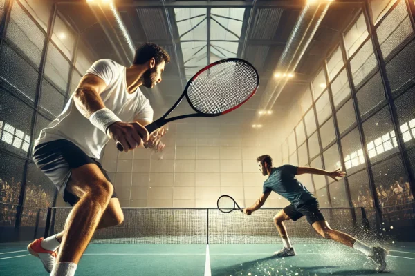 DALL·E 2025-03-13 23.46.19 - A competitive Frontenis match in progress, featuring two athletes on an indoor court using rackets to hit a fast-moving ball against a large front wal