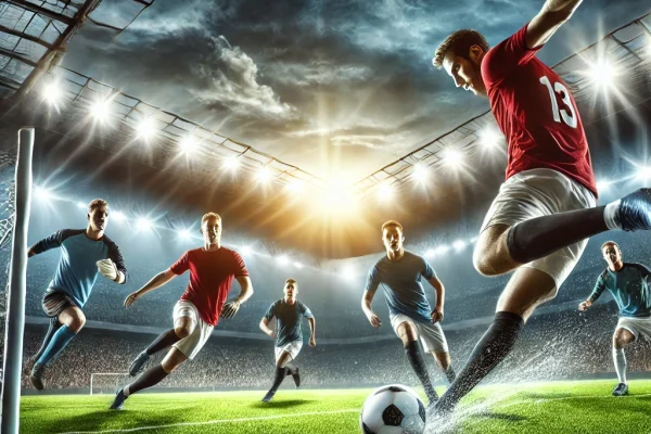 DALL·E 2025-03-13 23.47.48 - A high-energy soccer (football) match in progress, featuring professional players on a stadium field. One athlete is making a powerful kick towards th