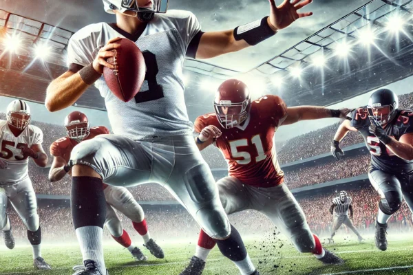 DALL·E 2025-03-13 23.48.53 - A high-energy American football game in progress, featuring professional players in full gear on a stadium field. A quarterback is making a decisive t