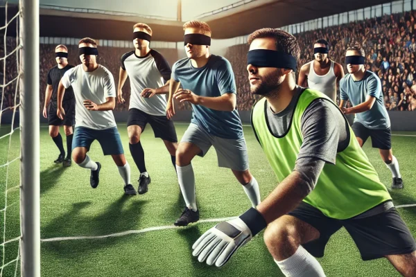 DALL·E 2025-03-13 23.50.18 - A high-energy Football 5-a-side (Blind Football) match in progress, featuring visually impaired athletes playing on a small field. Players wear blindf