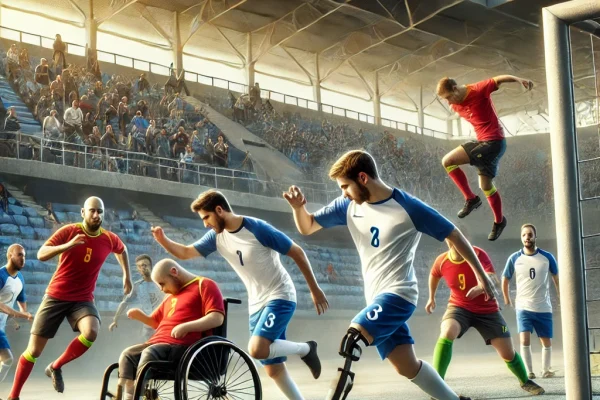 DALL·E 2025-03-13 23.51.54 - A high-energy Football 7-a-side (Paralympic Football) match in progress, featuring athletes with cerebral palsy competing on a smaller field. Players