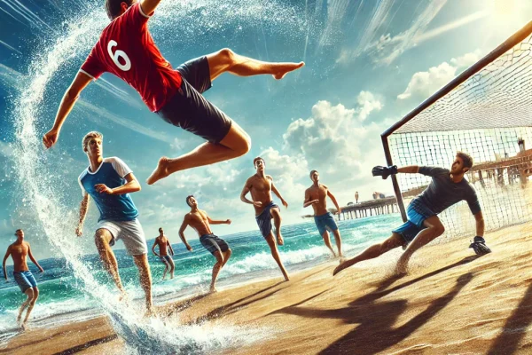 DALL·E 2025-03-13 23.53.06 - A high-energy Beach Soccer match in progress, featuring athletes playing on a sandy field near the ocean. A player is executing a spectacular bicycle