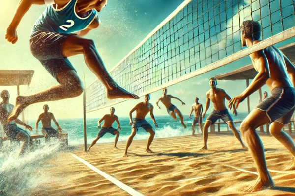 DALL·E 2025-03-13 23.54.04 - A high-energy Footvolley match in progress, featuring athletes playing on a sandy beach court. A player is executing a precise kick over the net while