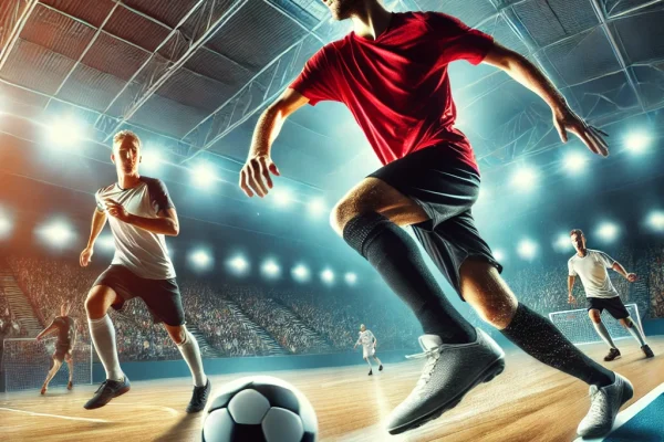 DALL·E 2025-03-13 23.55.05 - A high-energy futsal match in progress, featuring players competing on an indoor court with a smaller ball. A player is making a skillful dribble past