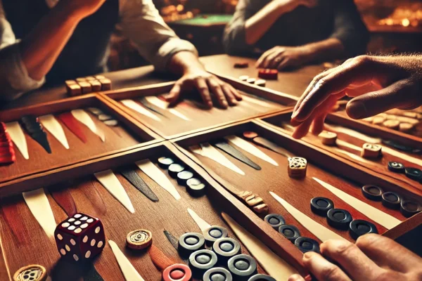DALL·E 2025-03-13 23.56.37 - A competitive backgammon game in progress, featuring a wooden board with neatly arranged checkers and dice. Two players are deeply focused, strategizi