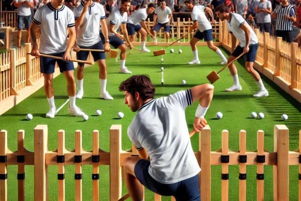 DALL·E 2025-03-13 23.57.45 - A competitive Gateball match in progress, featuring players using wooden mallets to strike balls through small gates on a neatly trimmed grass field.