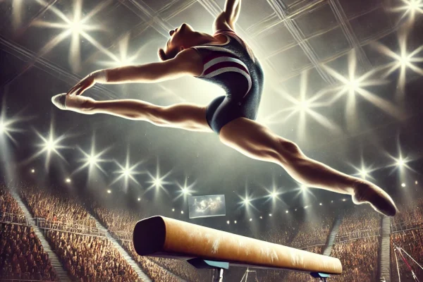 DALL·E 2025-03-13 23.58.55 - A professional gymnastics competition in progress, featuring an elite gymnast performing a stunning routine on the balance beam. The athlete demonstra