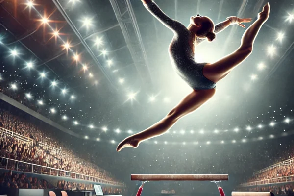 DALL·E 2025-03-14 00.00.11 - A professional Artistic Gymnastics competition in progress, featuring an elite female gymnast performing an acrobatic routine on the balance beam. She