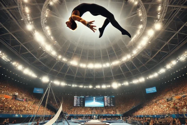 DALL·E 2025-03-14 00.01.23 - A professional Trampoline Gymnastics competition in progress, featuring an elite gymnast soaring high in the air, executing a perfect tuck flip. The a