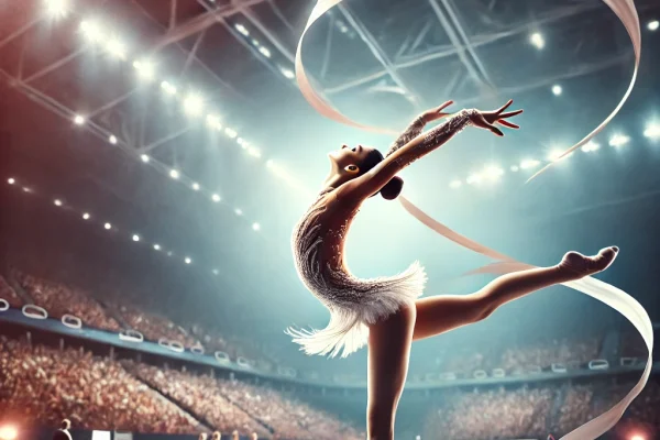 DALL·E 2025-03-14 00.02.47 - A professional Rhythmic Gymnastics competition in progress, featuring an elite gymnast performing an elegant routine with a flowing ribbon. The athlet