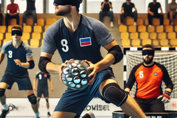 DALL·E 2025-03-14 00.05.08 - A high-energy Goalball match in progress, featuring visually impaired athletes wearing blindfolds on an indoor court. A player is making a powerful th