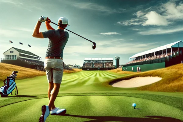DALL·E 2025-03-14 00.06.04 - A professional golf tournament in progress, featuring an elite golfer making a precise swing on a lush green course. The golfer is dressed in traditio