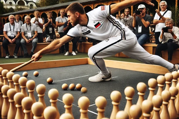 DALL·E 2025-03-14 00.07.34 - A competitive Gorodki game in progress, featuring a player skillfully throwing a bat at a formation of wooden pins. The game is set in an outdoor cour