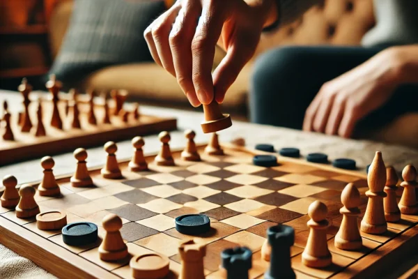DALL·E 2025-03-14 00.13.20 - A strategic board game match called 'Grilo' in progress, featuring a wooden board with neatly arranged playing pieces. A player is making a strategic