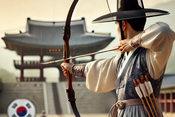 DALL·E 2025-03-14 00.15.04 - A traditional Korean Gungdo (archery) competition in progress, featuring an archer dressed in traditional Korean attire aiming a powerful recurve bow