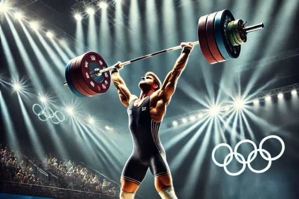 DALL·E 2025-03-14 00.25.13 - A professional Olympic weightlifting competition in progress, featuring an elite weightlifter executing a powerful snatch lift. The athlete is lifting