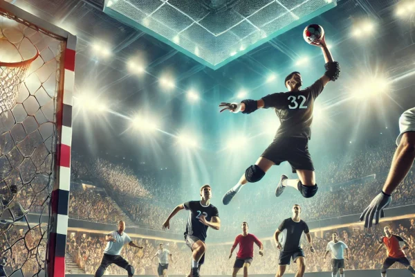 DALL·E 2025-03-14 00.26.23 - A high-energy handball match in progress, featuring athletes on an indoor court executing a powerful jump shot towards the goal. A goalkeeper is posit