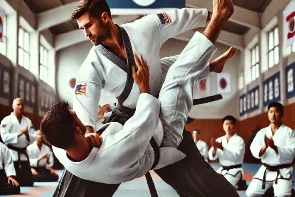 DALL·E 2025-03-14 00.28.23 - A professional Hapkido martial arts demonstration in progress, featuring two martial artists in traditional uniforms engaged in a self-defense techniq