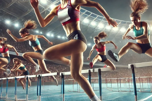 DALL·E 2025-03-14 00.29.33 - A high-energy Heptathlon competition in progress, featuring elite female athletes competing in multiple track and field events. In the foreground, an