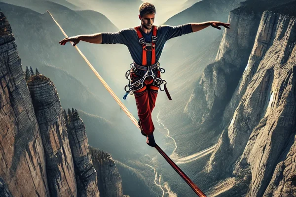 DALL·E 2025-03-14 00.31.09 - A breathtaking Highline performance in progress, featuring an athlete walking on a tensioned slackline suspended high above a canyon. The athlete is b