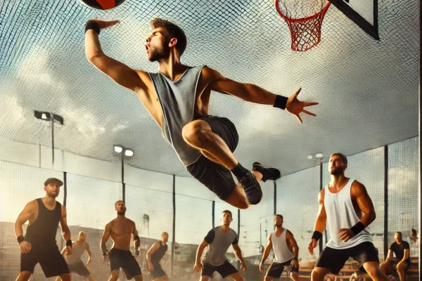 DALL·E 2025-03-14 00.33.47 - A high-energy Hooverball match in progress, featuring athletes on an outdoor court throwing a heavy medicine ball over a net. One player is in mid-act