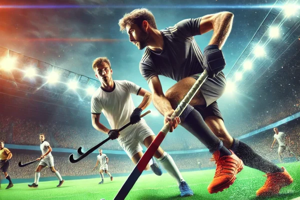 DALL·E 2025-03-14 00.36.00 - A high-energy field hockey match in progress, featuring professional players on a green turf field. One athlete is skillfully dribbling the ball with