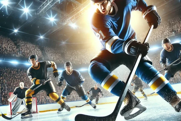 DALL·E 2025-03-14 00.37.16 - A high-energy ice hockey match in progress, featuring professional players in full gear skating aggressively on the ice. One player is making a powerf