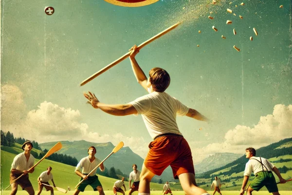 DALL·E 2025-03-14 00.38.53 - A traditional Hornussen match in progress, featuring Swiss athletes on a large open field. One player is using a long flexible stick to launch the sma