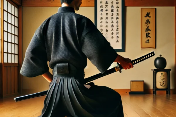 DALL·E 2025-03-14 00.41.32 - A traditional Iaido martial arts demonstration in progress, featuring a skilled samurai practitioner dressed in a black gi and hakama, performing a pr