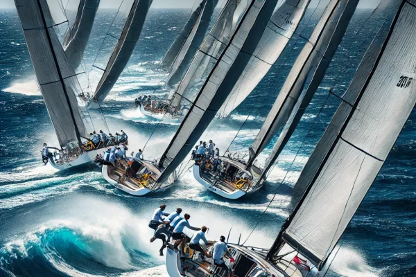 DALL·E 2025-03-14 00.42.43 - A professional sailing (yachting) competition in progress, featuring multiple sailboats racing across the open sea. The crews are actively adjusting t