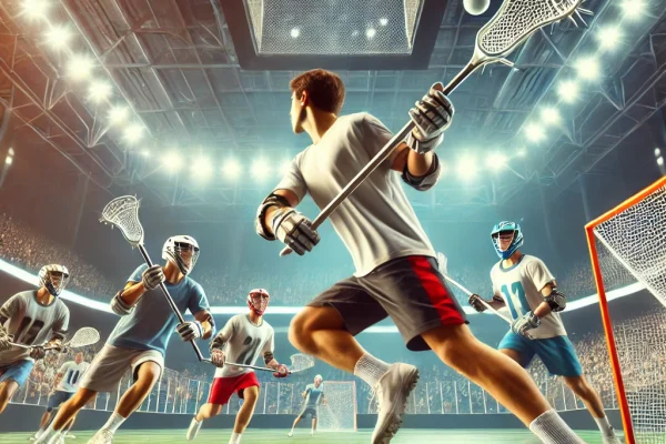 DALL·E 2025-03-14 00.44.19 - A high-energy Intercrosse match in progress, featuring athletes on an indoor court using plastic lacrosse sticks to pass and shoot a lightweight ball