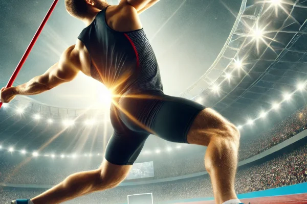 DALL·E 2025-03-15 13.48.58 - A professional javelin throw competition in progress, featuring an elite athlete in mid-action, launching a javelin with perfect form. The thrower has