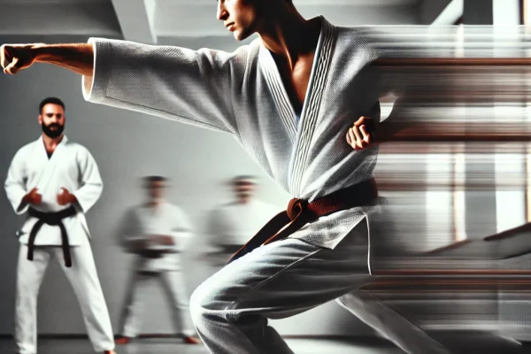 DALL·E 2025-03-15 13.55.16 - A dynamic Jeet Kune Do martial arts demonstration in progress, featuring a martial artist executing a fast and fluid strike. The practitioner is dress