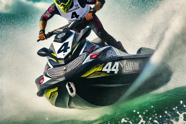 DALL·E 2025-03-15 13.56.30 - A high-speed Jet Ski Racing competition in progress, featuring professional riders navigating powerful jet skis across rough ocean waves. One athlete