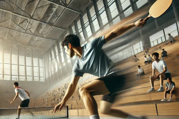 DALL·E 2025-03-15 13.57.42 - A high-energy Jianqiu match in progress, featuring athletes on an indoor court using wooden paddles to hit a lightweight ball. One player is making a