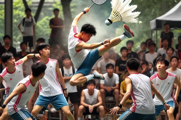 DALL·E 2025-03-15 13.58.52 - A high-energy Jianzi match in progress, featuring athletes skillfully kicking a traditional feathered shuttlecock in mid-air. One player is executing