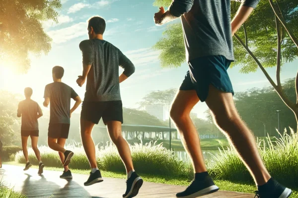 DALL·E 2025-03-15 14.02.12 - A peaceful jogging scene in progress, featuring a group of runners moving at a steady pace along a scenic park trail. The athletes are dressed in comf