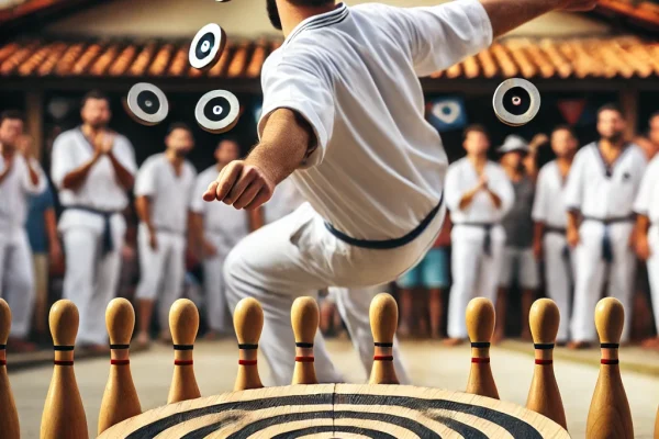 DALL·E 2025-03-15 14.04.37 - A traditional Jogo de Malha match in progress, featuring players skillfully throwing metal discs towards a wooden pin target. One player is mid-throw,
