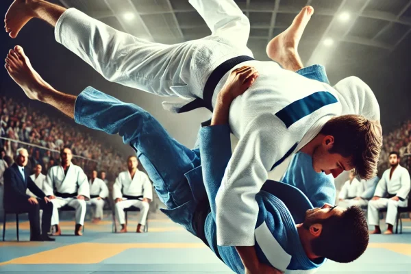 DALL·E 2025-03-15 14.05.53 - A high-energy Judo competition in progress, featuring two skilled martial artists in traditional white and blue judogi. One athlete is executing a pow