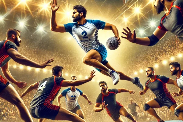 DALL·E 2025-03-15 14.07.13 - A high-energy Kabaddi match in progress, featuring two teams engaged in an intense competition. One raider is attempting to tag opponents while dodgin